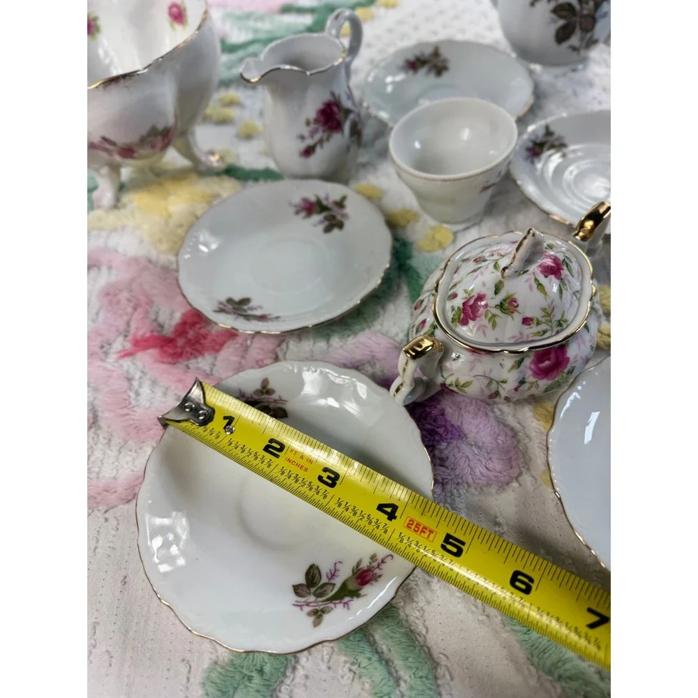 Vintage Miniature Porcelain Tea Set Pink Rose‎ Gold Trim Teapot Sugar Creamer